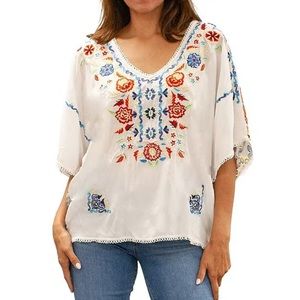 Karyn Seo  Embroidered V-Neck Short Sleeve Printed Back Blouse